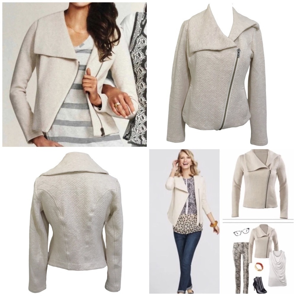 Cabi Ryder Quilted Moto Jacket Style #913 in Oatmeal Cropped Size Small